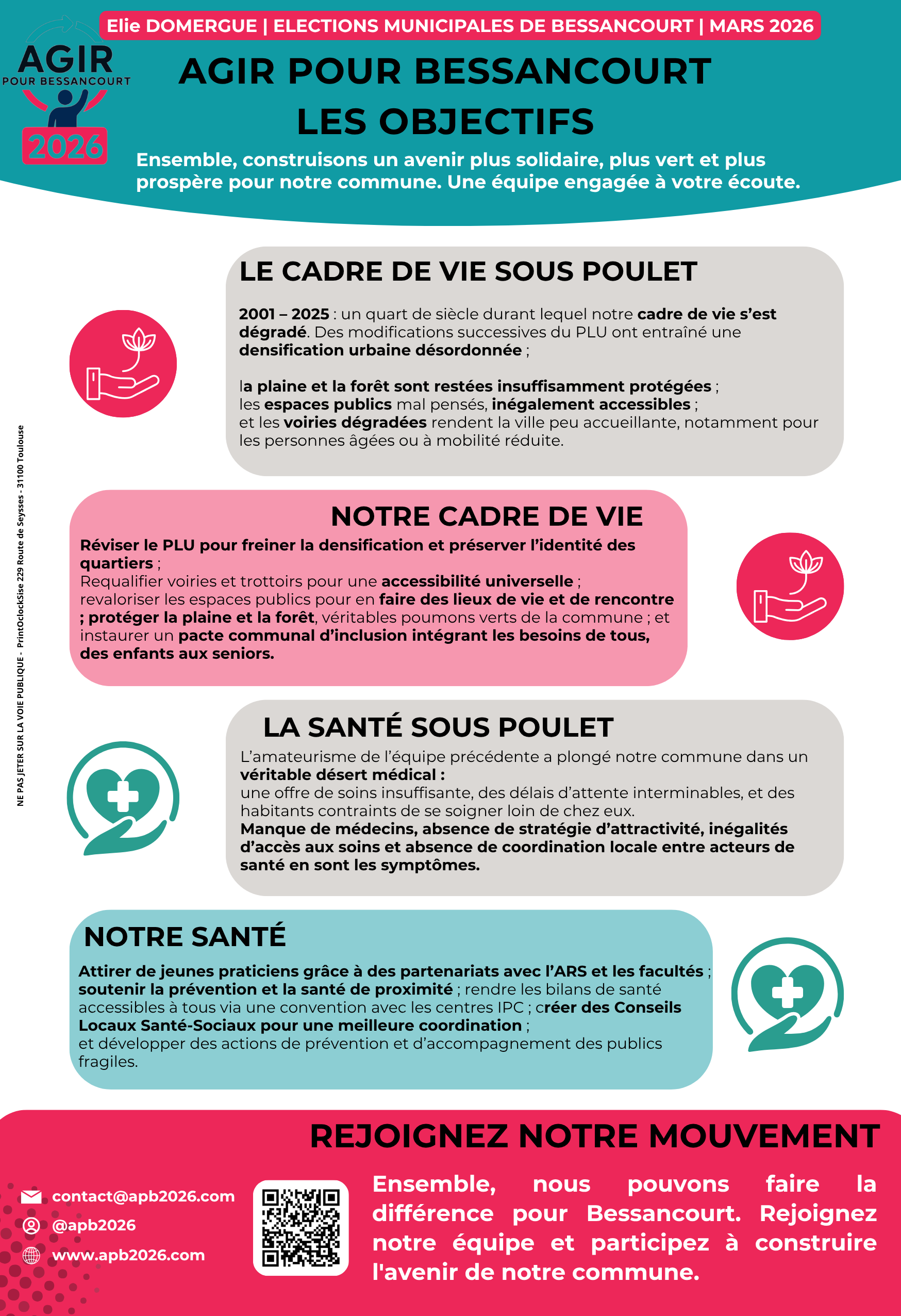 Tract – Les objectifs d’Agir pour Bessancourt : cadre de vie, santé, démocratie (verso)